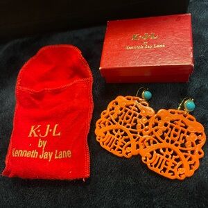 Kenneth Jay Lane Carved Asian Faux Coral Turquoise Leverback Drop Earrings